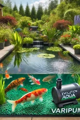 DALL·E 2025-03-03 16.28.48 – A high-quality garden pond featuring the Evolution Aqua Varipump. The pond has crystal-clear water, vibrant aquatic plants, and colorful koi fish swim