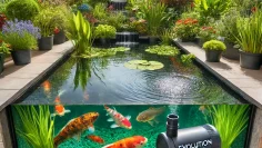 DALL·E 2025-03-03 16.28.48 – A high-quality garden pond featuring the Evolution Aqua Varipump. The pond has crystal-clear water, vibrant aquatic plants, and colorful koi fish swim